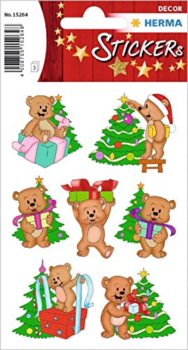 HERMA 15264 Aufkleber Teddybär, 21 Stück, Weihnachten Sticker mit Weihnachtsbaum Motiv, Kinder Etiketten für Weihnachtsdeko Geschenke Adventskalender Winter Dekoration Scrapbooking Briefe DIY Basteln von HERMA