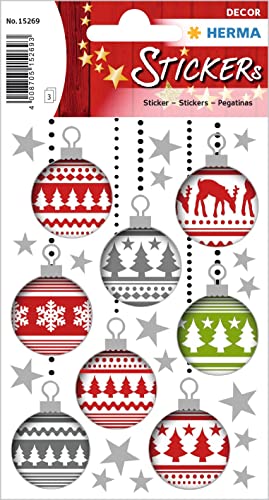 HERMA 15269 Aufkleber Weihnachtskugeln, 24 Stück, Weihnachten Sticker mit Sterne Weihnachtsmotiven, Kinder Etiketten für Weihnachtsdeko Geschenke Adventskalender Winter Dekoration Briefe DIY Basteln von HERMA