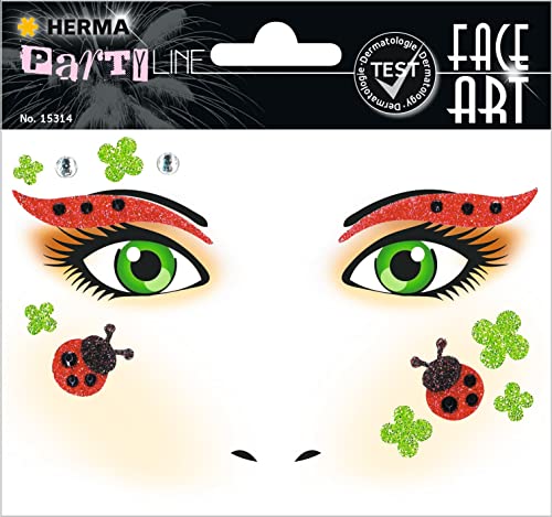 HERMA 15314 Face Art Sticker Marienkäfer, dermatologisch getestet, ablösbare Glitzer Gesicht Aufkleber, temporäre Tattoos für Karneval Fasching Halloween Festival Kinder Geburtstag, rot grün von HERMA