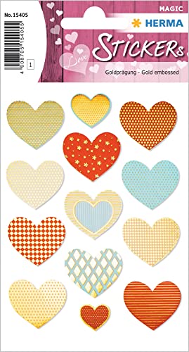 HERMA 15405 Aufkleber Herzen Bunt groß, 13 Stück, Herz Sticker mit Gold Prägung, Etiketten in Herzform für Valentinstag Liebe Hochzeit Geburtstag Scrapbooking Dekoration Geschenk Briefe DIY Basteln von HERMA