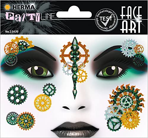 HERMA 15439 Face Art Sticker Steampunk, dermatologisch getestet, ablösbare Glitzer Gesicht Aufkleber, temporäre Tattoos für Karneval Fasching Halloween Festival Kinder Geburtstag, grün gold von HERMA