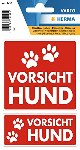 HERMA 15458 Vorsicht Hund Aufkleber wetterfest, 2 Stück, 79 x 75 mm, 9 x 35 mm, selbstklebend, klein, groß, Achtung bissiger Hund Etiketten Schild aus langlebiger Folie für Außen- und Innenbereich von HERMA