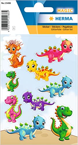 HERMA 15486 Aufkleber Dinosaurier Glitzer klein groß, 9 Stück, Tiere Sticker mit lustigen Dino Saurier Motiv, Kinder Etiketten für Fotoalbum Tagebuch Poesiealbum Scrapbooking Geburtstag Deko Briefe von HERMA