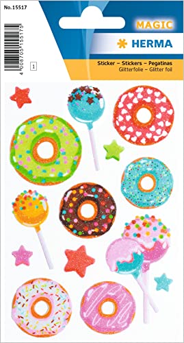 HERMA 15517 Aufkleber Lutscher Glitzer klein groß, 14 Stück, Donut Sticker mit Lolli Lillipop Sterne Motiv, Kinder Etiketten für Fotoalbum Tagebuch Poesiealbum Scrapbooking Geburtstag Deko Briefe DIY von HERMA