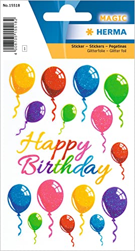 HERMA 15518 Aufkleber Geburtstag Glitzer, 16 Stück, Geschenk Sticker mit Luftballons Happy Birthday Schriftzug, Erwachsene Kinder Geschenkaufkleber für Glückwünsche Herzlichen Glückwunsch Dekoration von HERMA