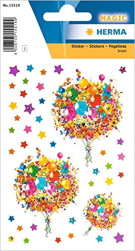 HERMA 15519 Aufkleber Luftballons Glitzer klein groß, 40 Stück, Blumen Sticker mit Ballon Stern Motiv, Kinder Etiketten für Geburtstag Glückwunsch Happy Birthday Scrapbooking Dekoration Briefe Basteln von HERMA