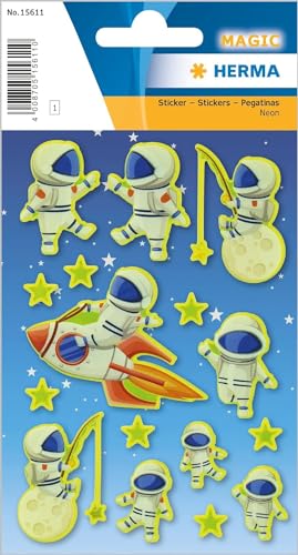 HERMA 15611 Aufkleber Astronaut klein, 16 Stück, Neon Weltall Sticker mit Raumschiff Mond Sterne Motiv, Kinder Etiketten für Fotoalbum Tagebuch Scrapbooking Geburtstag Dekoration Briefe DIY Basteln von HERMA