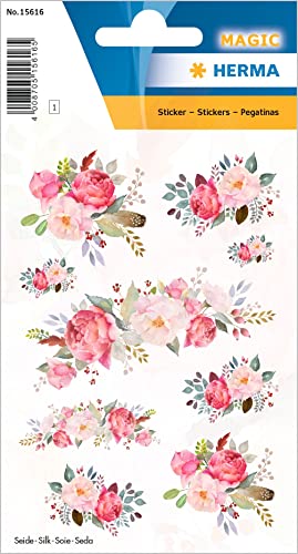 HERMA 15616 Aufkleber Pfingstrosen klein groß, 9 Stück, Blumen Sticker aus Seide Stoff mit rosa pink Rosen Pflanzen Motiv, Kinder Etiketten für Fotoalbum Tagebuch Poesiealbum Scrapbooking Deko Briefe von HERMA