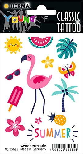 HERMA 15635 Temporäre Tattoos Flamingo, 13 Stück, Klebetattoos zum Aufkleben, Fake Tattoos Aufkleber mit Sommer Eis Sonne Melone Motiv, Kindertattoos Sticker für Fasching Karneval Kinder Erwachsene von HERMA