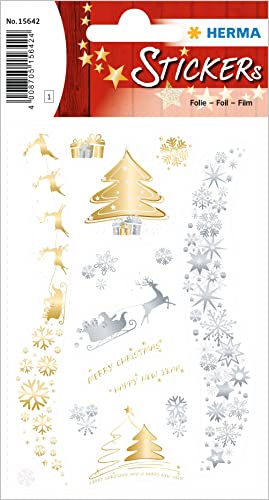 HERMA 15642 Aufkleber Weihnachtsmotive Gold Silber, 14 Stück, Weihnachten Sticker mit Weihnachtsbaum Motiv, Kinder Etiketten für Weihnachtsdeko Geschenke Adventskalender Dekoration Briefe DIY Basteln von HERMA