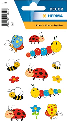 HERMA 15649 Aufkleber Marienkäfer Bienen klein, 39 Stück, Tiere Sticker mit lustigen Schmetterling Raube Blumen Motiv, Kinder Etiketten für Fotoalbum Tagebuch Scrapbooking Geburtstag Deko DIY Basteln von HERMA