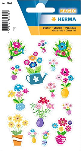 HERMA 15706 Aufkleber Blumen Glitzer klein groß, 15 Stück, Pflanzen Sticker mit Blumentopf Gießkanne Motiv, Kinder Etiketten für Fotoalbum Tagebuch Poesiealbum Scrapbooking Geburtstag Deko Briefe DIY von HERMA