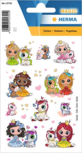 HERMA 15741 Aufkleber Prinzessin Einhorn Glitzer klein, 22 Stück, Mädchen Sticker aus Seide Stoff mit süßen Princess Motiv, Kinder Etiketten für Tagebuch Poesiealbum Scrapbooking Geburtstag Deko DIY von HERMA