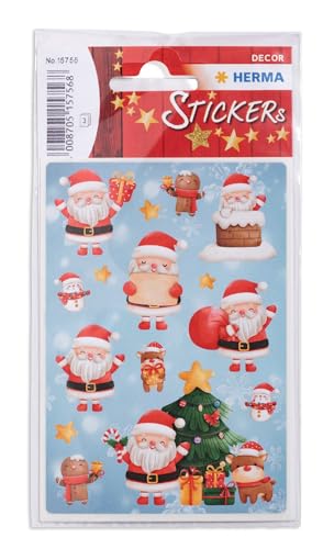 HERMA 15756 Aufkleber Weihnachtsmann klein groß, 45 Stück, Weihnachten Sticker mit Nikolaus Sterne Weihnachtsbaum Motiv, Kinder Etiketten für Weihnachtsdeko Geschenke Adventskalender Winter Dekoration von HERMA