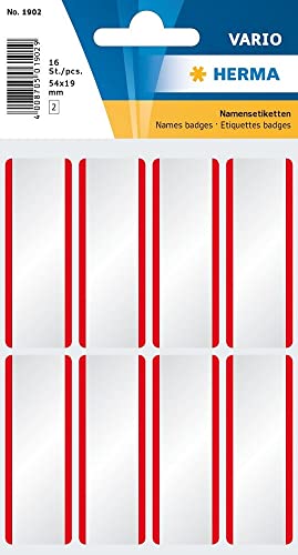 HERMA 1902 Namensetiketten ablösbar, 16 Stück, 54 x 19 mm, 8 pro Bogen, selbstklebend, abziehbare Namensaufkleber zum Beschriften für Kleidung, blanko Acetatseide Klebeetiketten Aufkleber, weiß rot von HERMA