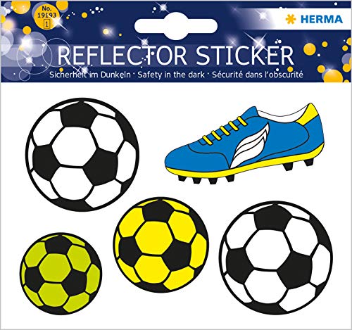 HERMA 19193 Reflektor Aufkleber Fußball, 5 Stück, selbstklebende Kinder Reflektor Sticker für Fahrrad Helm Schulranzen Rollator Auto Koffer Kinderzimmer, Motiv Leuchtaufkleber Leuchtsticker Set von HERMA