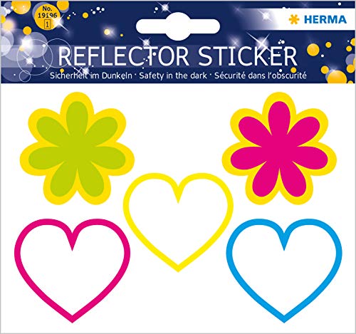 HERMA 19196 Reflektor Aufkleber Herz Blumen bunt, 5 Stück, selbstklebend Kinder Reflektor Sticker für Fahrrad Helm Schulranzen Rollator Koffer Kinderzimmer, Motiv Leuchtaufkleber Leuchtsticker Set von HERMA