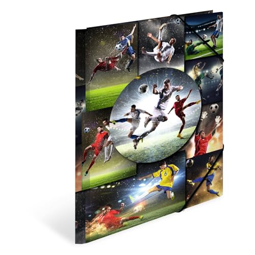 HERMA Sammelmappen A4 Fussball Set, 3 Stück, Kinder Eckspanner-Mappen aus Pappe mit Sport Motiv, Gummizug, Innenklappen und Innendruck für Jungen und Mädchen von HERMA