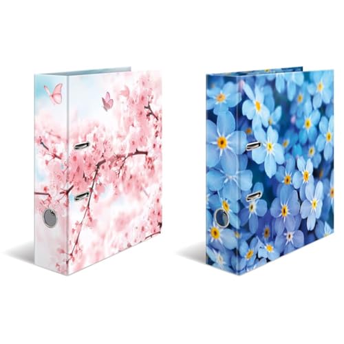 HERMA 19556 Ordner A4 Blumen Cherry Blossom & 19557 Ordner A4 Blumen Blue Flowers, 7 cm breit von HERMA