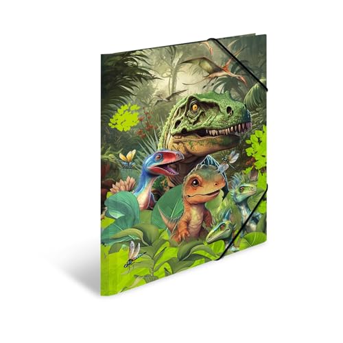 HERMA Sammelmappen A3 Dinosaurier Set, 3 Stück, Kinder Eckspanner-Mappen aus Pappe mit Tier Dino Motiv, Gummizug, Innenklappen und Innendruck für Jungen und Mädchen von HERMA