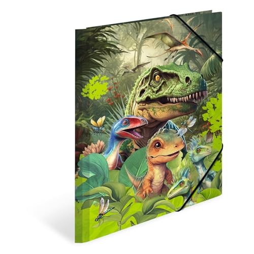 HERMA Sammelmappen A4 Dinosaurier Set, 3 Stück, Kinder Eckspanner-Mappen aus Pappe mit Tier Dino Motiv, Gummizug, Innenklappen und Innendruck für Jungen und Mädchen von HERMA