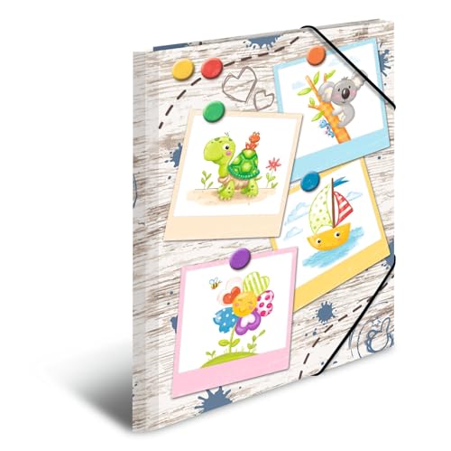 HERMA Sammelmappen A4 Kinder Holzoptik Set, 3 Stück, Eckspanner-Mappen aus Pappe mit Kindergarten Motiv, Gummizug, Innenklappen und Innendruck für Jungen, Mädchen und Kinder von HERMA