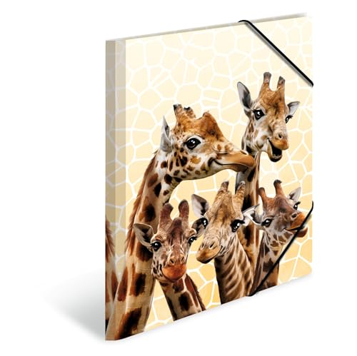 HERMA Sammelmappen A4 Giraffe Set, 3 Stück, Kinder Eckspanner-Mappen aus Kunststoff mit Tier Motiv, Gummizug, Innenklappen und Innendruck für Jungen und Mädchen von HERMA