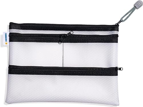 HERMA 20295 Universaltasche A5 mit Reißverschluss transparent schwarz, großer verschließbarer Handtaschen Organizer mit Zipper & 4 separaten Taschen, Aufbewahrungstasche für Dokumente, Unterlagen, 26 x 20 cm von HERMA