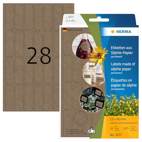 HERMA 2071 Vielzweck-Etiketten aus Graspapier, 24 Blatt, 13 x 40 mm, 28 Stück pro Bogen, 672 Aufkleber, selbstklebend, Haushaltsetiketten zum Beschriften, Silphie-Papier Klebeetiketten, natur-braun von HERMA