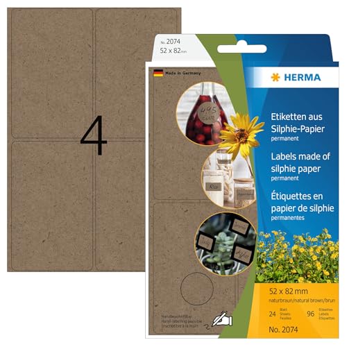 HERMA 2074 Vielzweck-Etiketten aus Graspapier, 24 Blatt, 52 x 82 mm, 4 Stück pro Bogen, 96 Aufkleber, selbstklebend, Haushaltsetiketten zum Beschriften, Silphie-Papier Klebeetiketten, natur-braun von HERMA