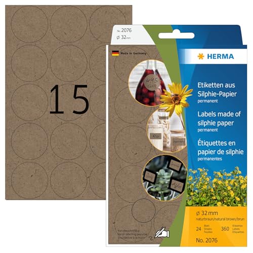 HERMA 2076 Vielzweck-Etiketten aus Graspapier rund, 24 Blatt, Ø 32 mm, 15 Stück pro Bogen, 360 Aufkleber, selbstklebend, Haushaltsetiketten zum Beschriften, Silphie-Papier Klebeetiketten, natur-braun von HERMA