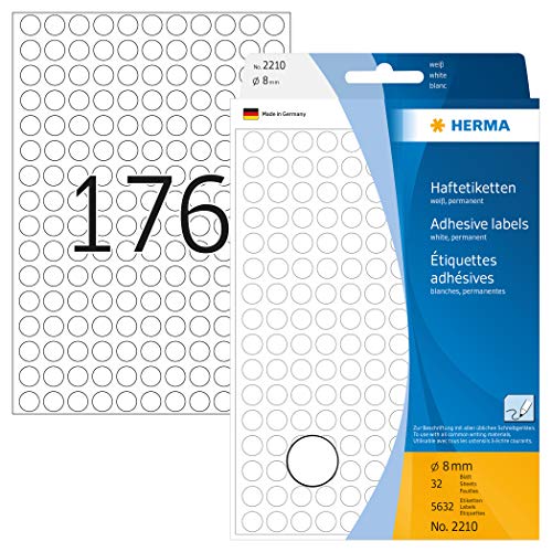 HERMA 2210 Punktaufkleber Klebepunkte weiß, 5632 Stück, Ø 8 mm, 176 pro Bogen, selbstklebend, Markierungspunkte für Kalender Planer Basteln, matt, blanko Papier Farbpunkte Aufkleber von HERMA