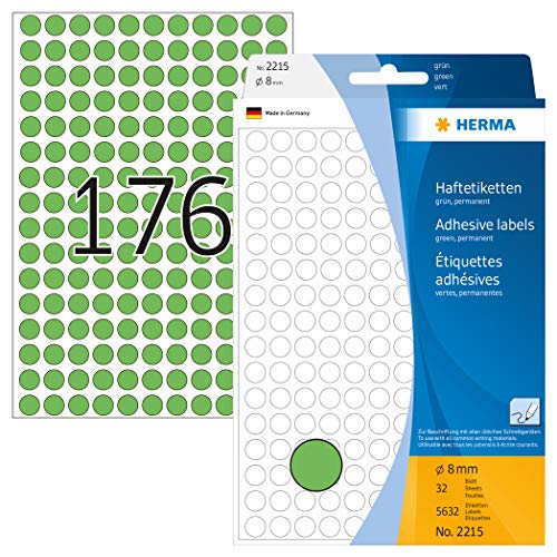 HERMA 2215 Punktaufkleber Klebepunkte grün, 5632 Stück, Ø 8 mm, 176 pro Bogen, selbstklebend, Markierungspunkte für Kalender Planer Basteln, matt, blanko Papier Farbpunkte Aufkleber von HERMA