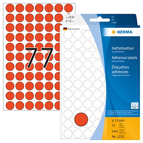 HERMA 2232 Punktaufkleber Klebepunkte rot, 2464 Stück, Ø 13 mm, 77 pro Bogen, selbstklebend, Markierungspunkte für Kalender Planer Basteln, matt, blanko Papier Farbpunkte Aufkleber von HERMA