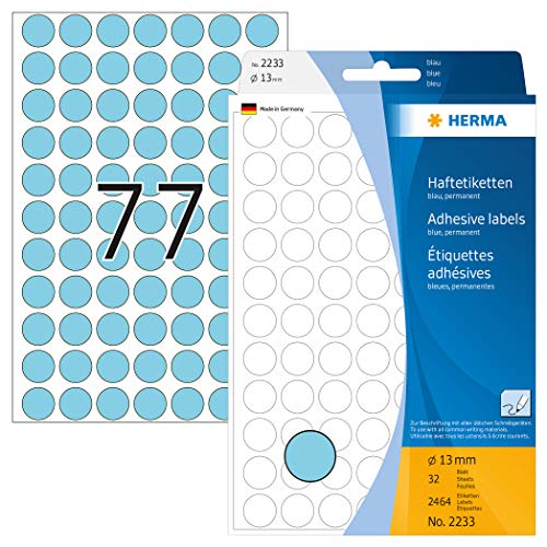 HERMA 2233 Punktaufkleber Klebepunkte blau, 2464 Stück, Ø 13 mm, 77 pro Bogen, selbstklebend, Markierungspunkte für Kalender Planer Basteln, matt, blanko Papier Farbpunkte Aufkleber von HERMA