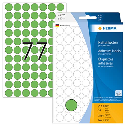 HERMA 2235 Punktaufkleber Klebepunkte grün, 2464 Stück, Ø 13 mm, 77 pro Bogen, selbstklebend, Markierungspunkte für Kalender Planer Basteln, matt, blanko Papier Farbpunkte Aufkleber von HERMA