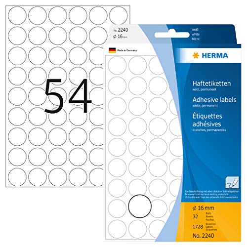 HERMA 2240 Punktaufkleber Klebepunkte weiß, 1728 Stück, Ø 16 mm, 54 pro Bogen, selbstklebend, Markierungspunkte für Kalender Planer Basteln, matt, blanko Papier Farbpunkte Aufkleber von HERMA