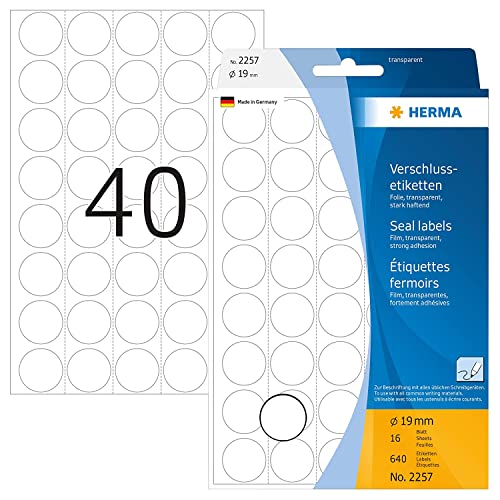 HERMA 2257 Verschlussetiketten transparent rund, 640 Stück, Ø 19 mm, 40 pro Bogen, selbstklebend, Sicherheitsetiketten Aufkleber zum Beschriften, matt, blanko Siegel Etiketten aus Folie von HERMA