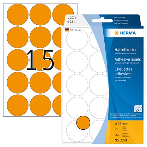 HERMA 2274 Punktaufkleber Klebepunkte leuchtorange, 360 Stück, Ø 32 mm, 15 pro Bogen, selbstklebend, Markierungspunkte für Kalender Planer Basteln, matt, blanko Papier Farbpunkte Aufkleber von HERMA