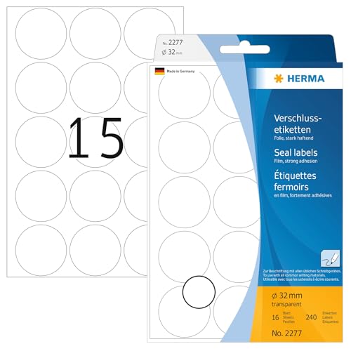 HERMA 2277 Verschlussetiketten transparent rund, 240 Stück, Ø 32 mm, 15 pro Bogen, selbstklebend, Sicherheitsetiketten Aufkleber zum Beschriften, matt, blanko Siegel Etiketten aus Folie von HERMA