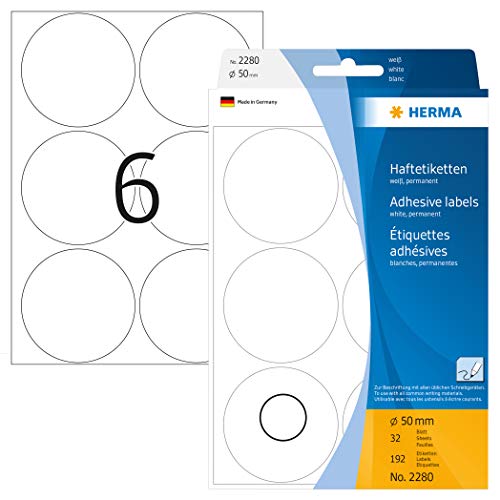 HERMA 2280 Punktaufkleber Klebepunkte weiß, 192 Stück, Ø 50 mm, 6 pro Bogen, selbstklebend, Markierungspunkte für Kalender Planer Basteln, matt, blanko Papier Farbpunkte Aufkleber von HERMA