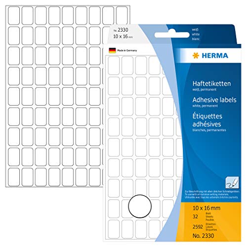 HERMA 2330 Vielzweck-Etiketten, 2592 Stück, 10 x 16 mm, 81 pro Bogen, selbstklebend, Haushaltsetiketten zum Beschriften, matt, blanko Papier Klebeetiketten Aufkleber, weiß von HERMA