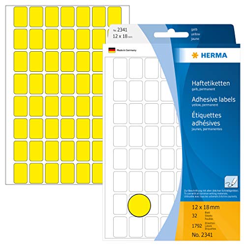 HERMA 2341 Vielzweck-Etiketten, 1792 Stück, 12 x 18 mm, 56 pro Bogen, selbstklebend, Haushaltsetiketten zum Beschriften, matt, blanko Papier Klebeetiketten Aufkleber, gelb von HERMA