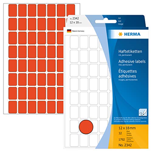 HERMA 2342 Vielzweck-Etiketten, 1792 Stück, 12 x 18 mm, 56 pro Bogen, selbstklebend, Haushaltsetiketten zum Beschriften, matt, blanko Papier Klebeetiketten Aufkleber, rot von HERMA