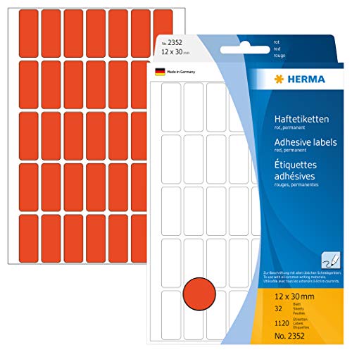 HERMA 2352 Vielzweck-Etiketten, 1120 Stück, 12 x 30 mm, 35 pro Bogen, selbstklebend, Haushaltsetiketten zum Beschriften, matt, blanko Papier Klebeetiketten Aufkleber, rot von HERMA