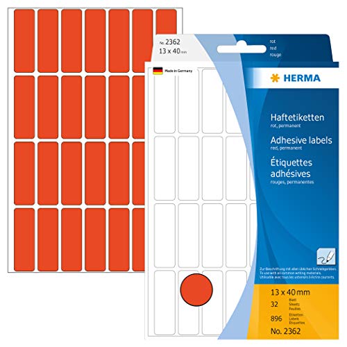 HERMA 2362 Vielzweck-Etiketten, 896 Stück, 13 x 40 mm, 28 pro Bogen, selbstklebend, Haushaltsetiketten zum Beschriften, matt, blanko Papier Klebeetiketten Aufkleber, rot von HERMA