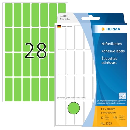 HERMA 2365 Vielzweck-Etiketten, 896 Stück, 13 x 40 mm, 28 pro Bogen, selbstklebend, Haushaltsetiketten zum Beschriften, matt, blanko Papier Klebeetiketten Aufkleber, grün von HERMA