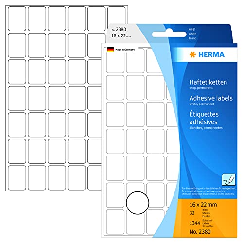 HERMA 2380 Vielzweck-Etiketten, 1344 Stück, 16 x 22 mm, 42 pro Bogen, selbstklebend, Haushaltsetiketten zum Beschriften, matt, blanko Papier Klebeetiketten Aufkleber, weiß von HERMA