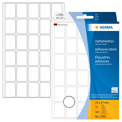 HERMA 2390 Vielzweck-Etiketten, 960 Stück, 19 x 27 mm, 30 pro Bogen, selbstklebend, Haushaltsetiketten zum Beschriften, matt, blanko Papier Klebeetiketten Aufkleber, weiß von HERMA