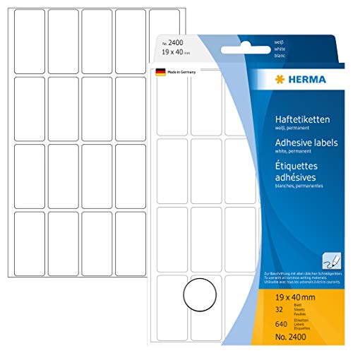 HERMA 2400 Vielzweck-Etiketten, 640 Stück, 19 x 40 mm, 20 pro Bogen, selbstklebend, Haushaltsetiketten zum Beschriften, matt, blanko Papier Klebeetiketten Aufkleber, weiß von HERMA